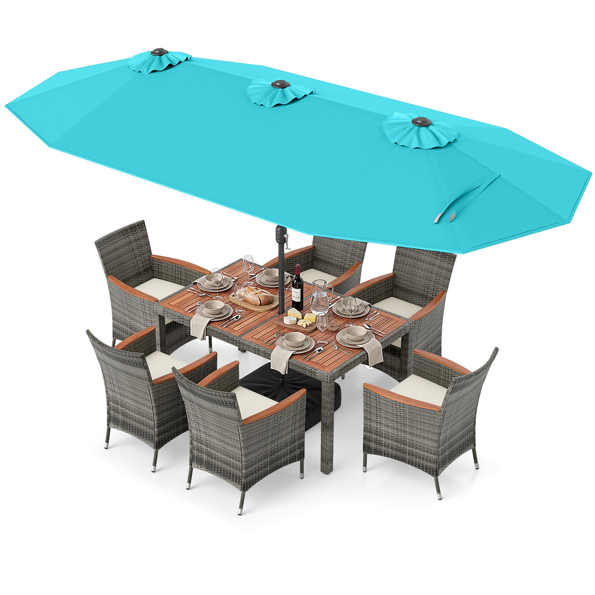 8-Piece Patio Dining Set with Double-Sided Market Umbrella-Turquoise-Patio Dining Sets-DECOROLALA