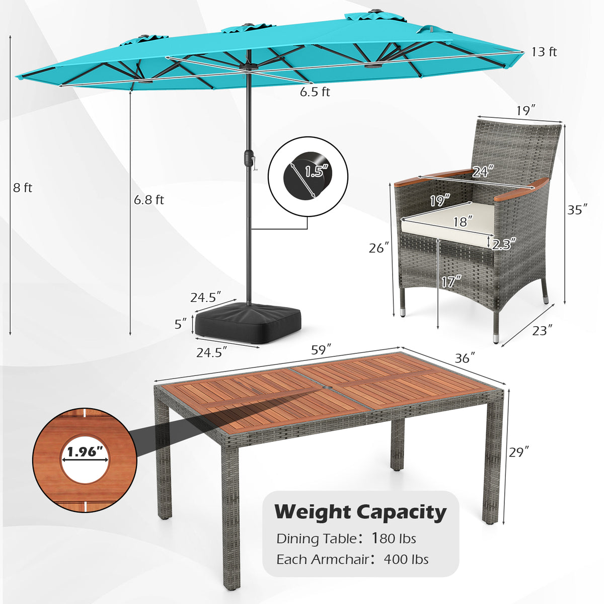 8-Piece Patio Dining Set with Double-Sided Market Umbrella-Turquoise-Patio Dining Sets-DECOROLALA