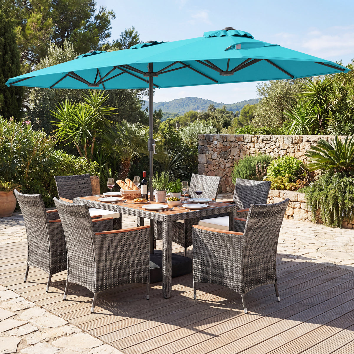 8-Piece Patio Dining Set with Double-Sided Market Umbrella-Turquoise-Patio Dining Sets-DECOROLALA