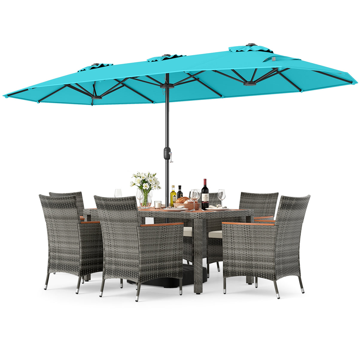 8-Piece Patio Dining Set with Double-Sided Market Umbrella-Turquoise-Patio Dining Sets-DECOROLALA
