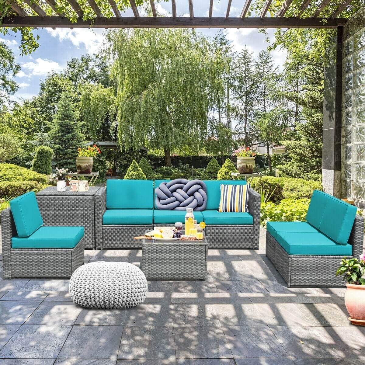8 Piece Wicker Sofa Rattan Dinning Set Patio Furniture with Storage Table-Turquoise-Outdoor Sectional Sofas-DECOROLALA