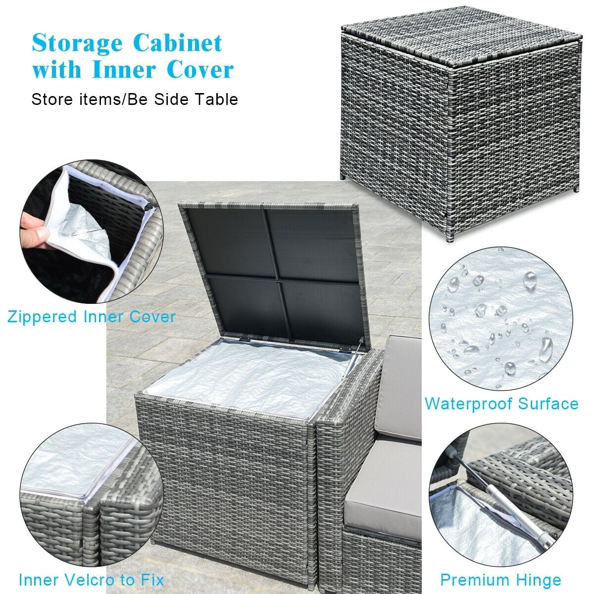8 Piece Wicker Sofa Rattan Dinning Set Patio Furniture with Storage Table-Turquoise-Outdoor Sectional Sofas-DECOROLALA