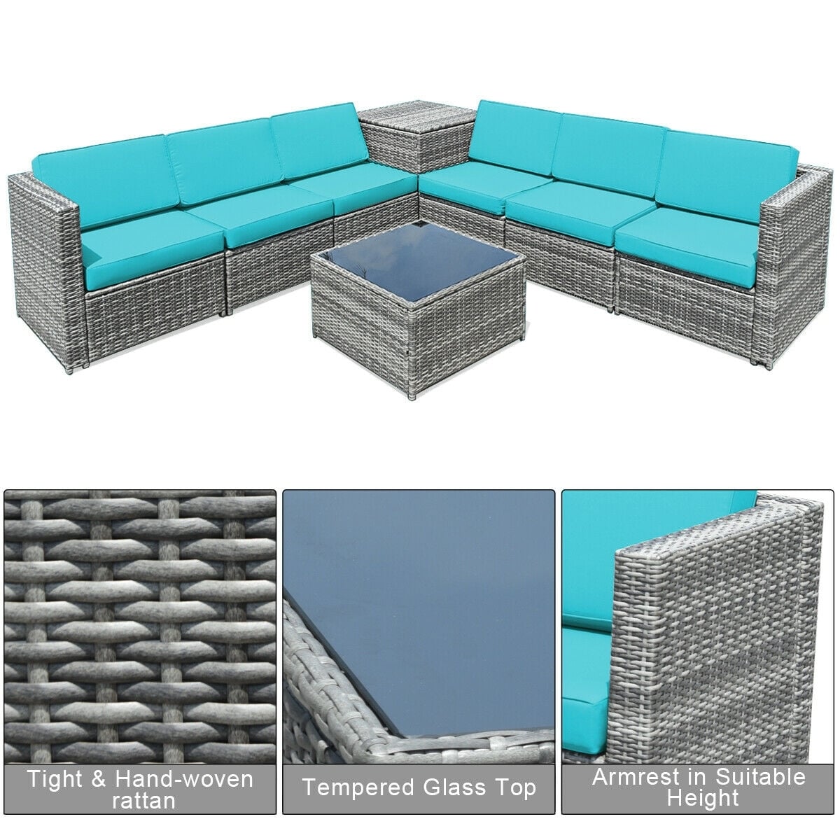 8 Piece Wicker Sofa Rattan Dinning Set Patio Furniture with Storage Table-Turquoise-Outdoor Sectional Sofas-DECOROLALA