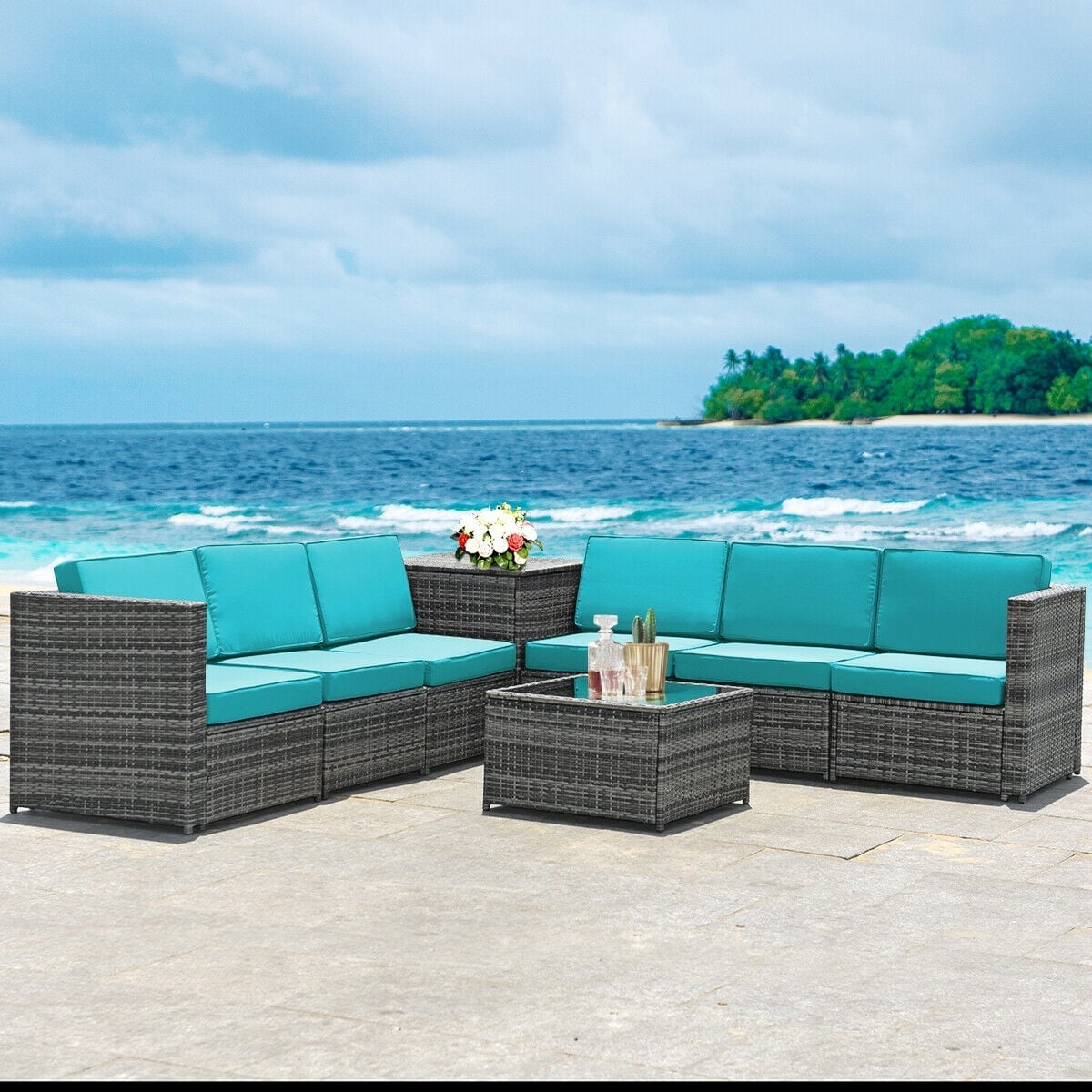 8 Piece Wicker Sofa Rattan Dinning Set Patio Furniture with Storage Table-Turquoise-Outdoor Sectional Sofas-DECOROLALA