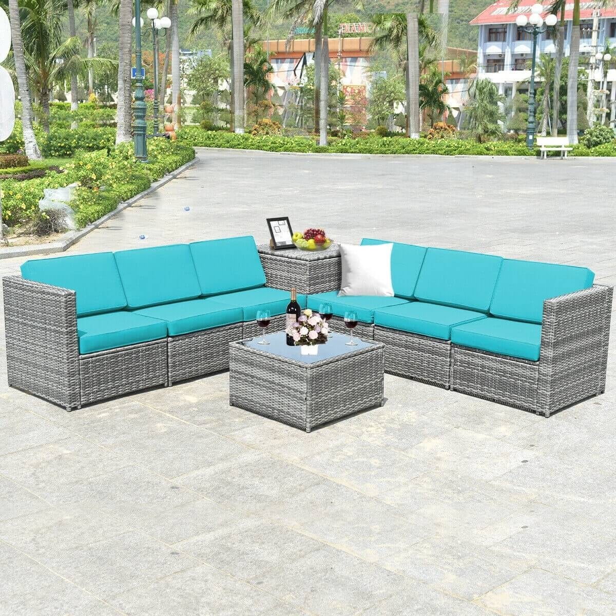 8 Piece Wicker Sofa Rattan Dinning Set Patio Furniture with Storage Table-Turquoise-Outdoor Sectional Sofas-DECOROLALA