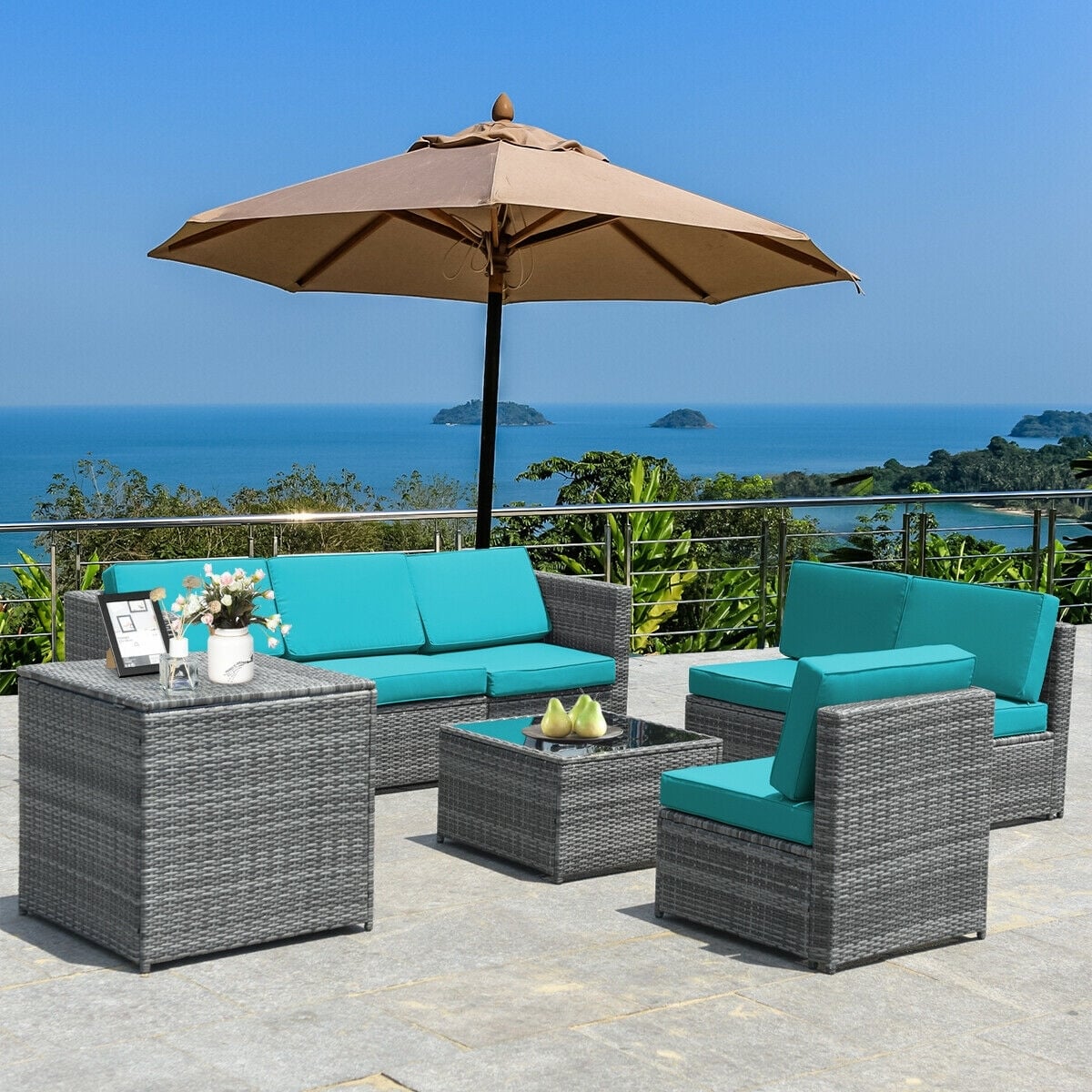 8 Piece Wicker Sofa Rattan Dinning Set Patio Furniture with Storage Table-Turquoise-Outdoor Sectional Sofas-DECOROLALA