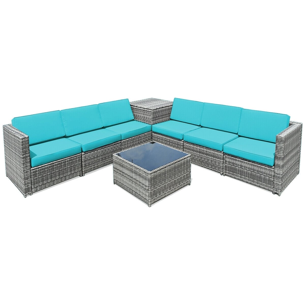 8 Piece Wicker Sofa Rattan Dinning Set Patio Furniture with Storage Table-Turquoise-Outdoor Sectional Sofas-DECOROLALA