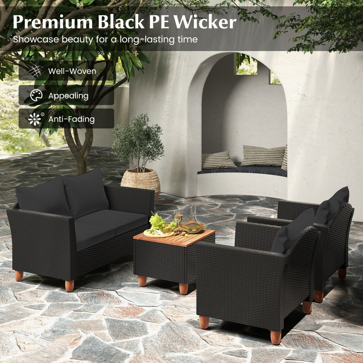 8 Pieces Outdoor Conversation Set with Storage Coffee Table-Black-Patio Conversation Sets-DECOROLALA