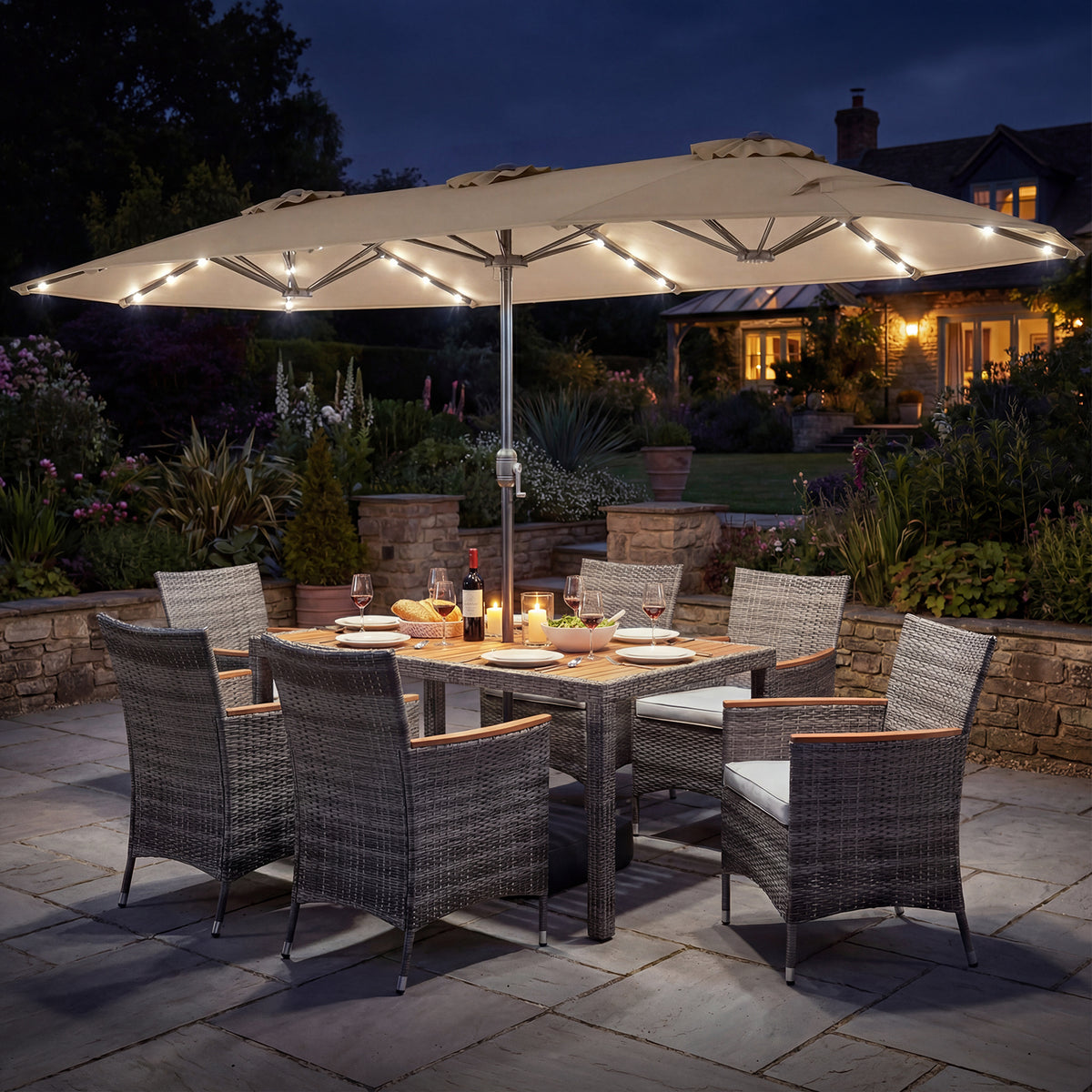 8 Pieces Outdoor Wicker Dining Furniture and 13.5 FT Double-Sided Patio Umbrella-Beige-Patio Furniture Sets-DECOROLALA