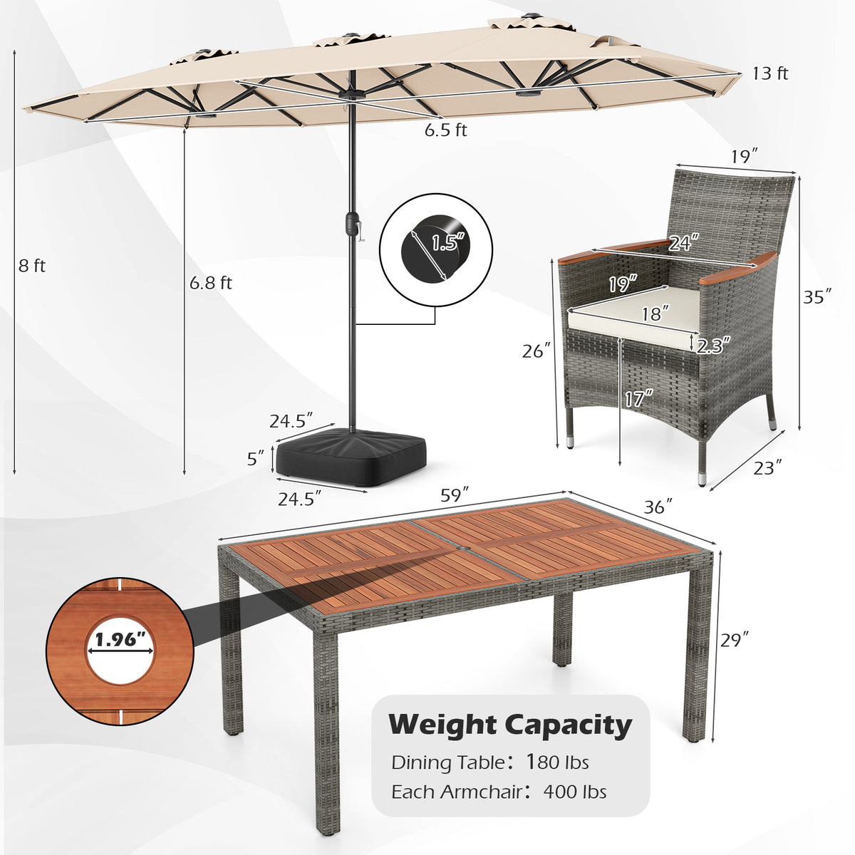 8 Pieces Outdoor Wicker Dining Furniture and 13.5 FT Double-Sided Patio Umbrella-Beige-Patio Furniture Sets-DECOROLALA
