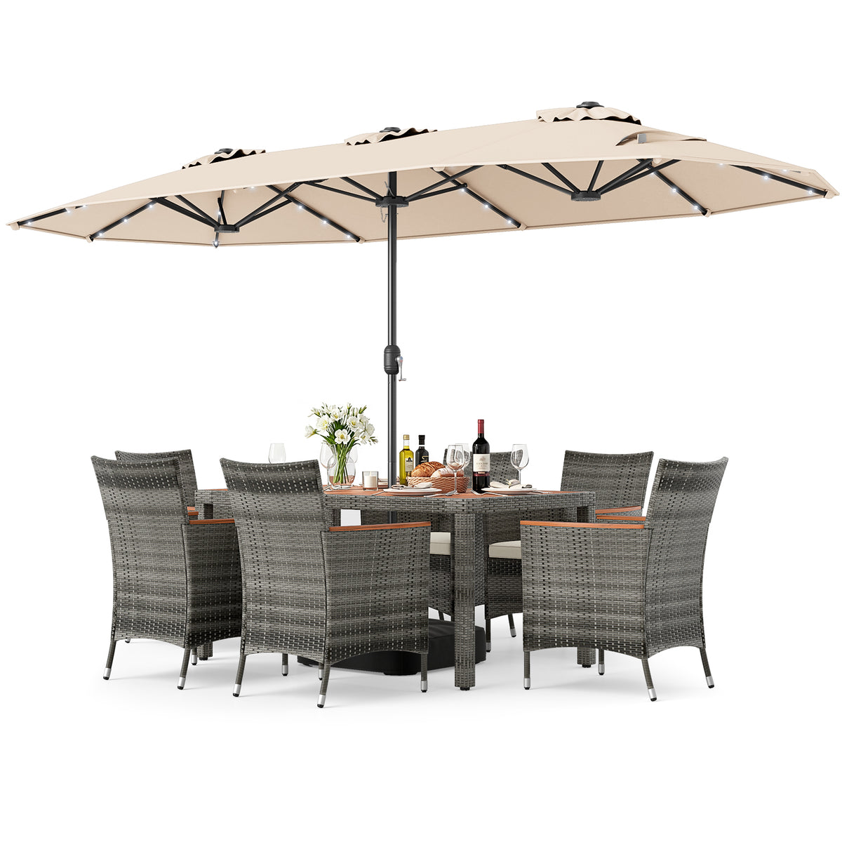 8 Pieces Outdoor Wicker Dining Furniture and 13.5 FT Double-Sided Patio Umbrella-Beige-Patio Furniture Sets-DECOROLALA