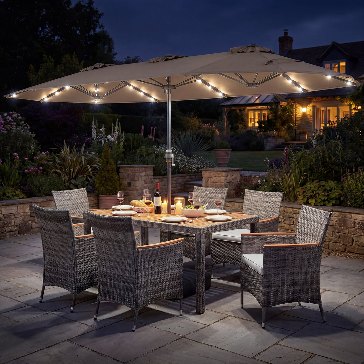 8 Pieces Outdoor Wicker Dining Furniture and 13.5 FT Double-Sided Patio Umbrella-Brown-Patio Furniture Sets-DECOROLALA