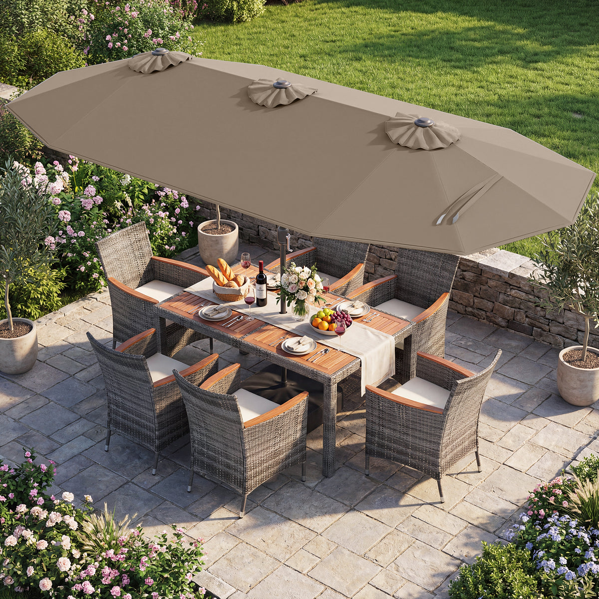 8 Pieces Outdoor Wicker Dining Furniture and 13.5 FT Double-Sided Patio Umbrella-Brown-Patio Furniture Sets-DECOROLALA