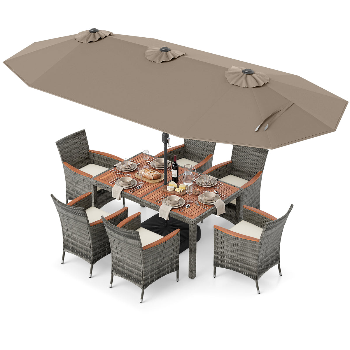 8 Pieces Outdoor Wicker Dining Furniture and 13.5 FT Double-Sided Patio Umbrella-Brown-Patio Furniture Sets-DECOROLALA