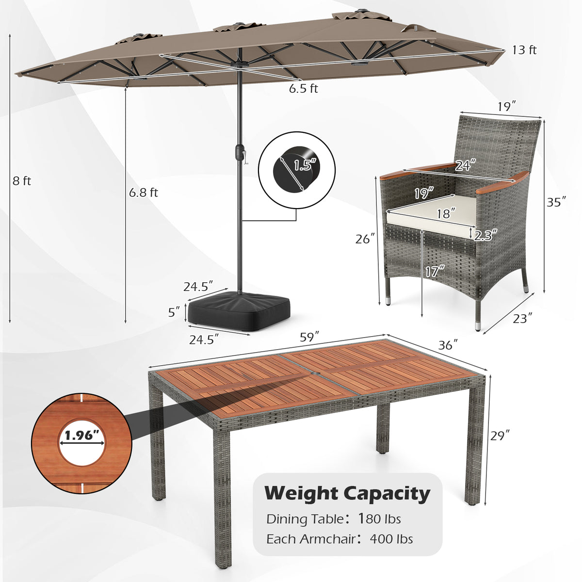 8 Pieces Outdoor Wicker Dining Furniture and 13.5 FT Double-Sided Patio Umbrella-Brown-Patio Furniture Sets-DECOROLALA