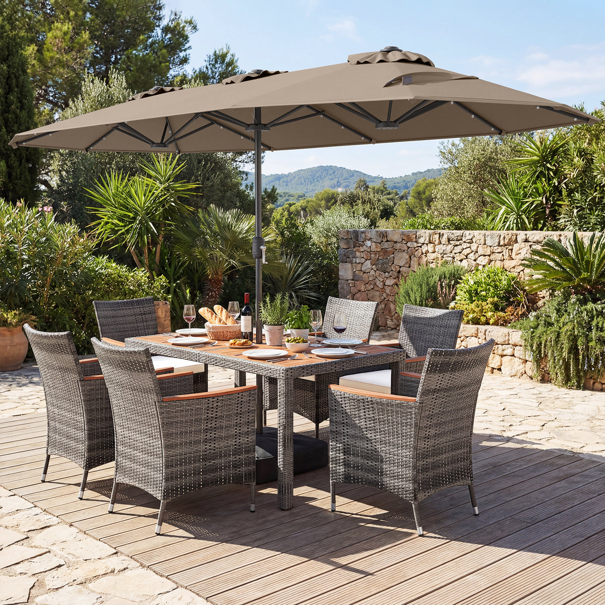 8 Pieces Outdoor Wicker Dining Furniture and 13.5 FT Double-Sided Patio Umbrella-Brown-Patio Furniture Sets-DECOROLALA