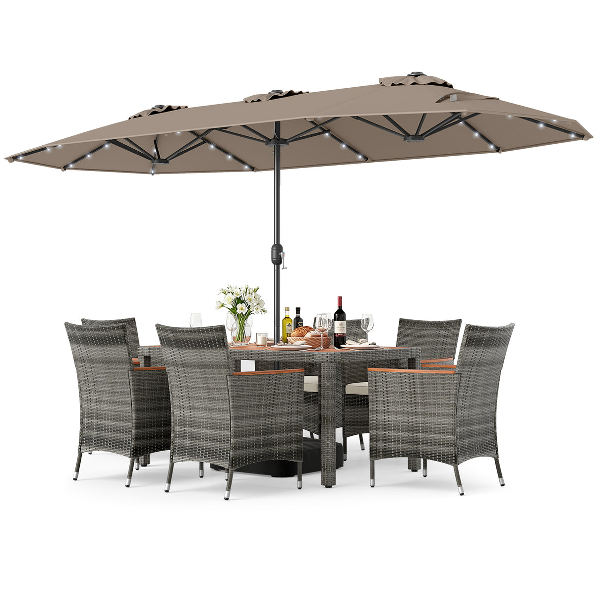8 Pieces Outdoor Wicker Dining Furniture and 13.5 FT Double-Sided Patio Umbrella-Brown-Patio Furniture Sets-DECOROLALA
