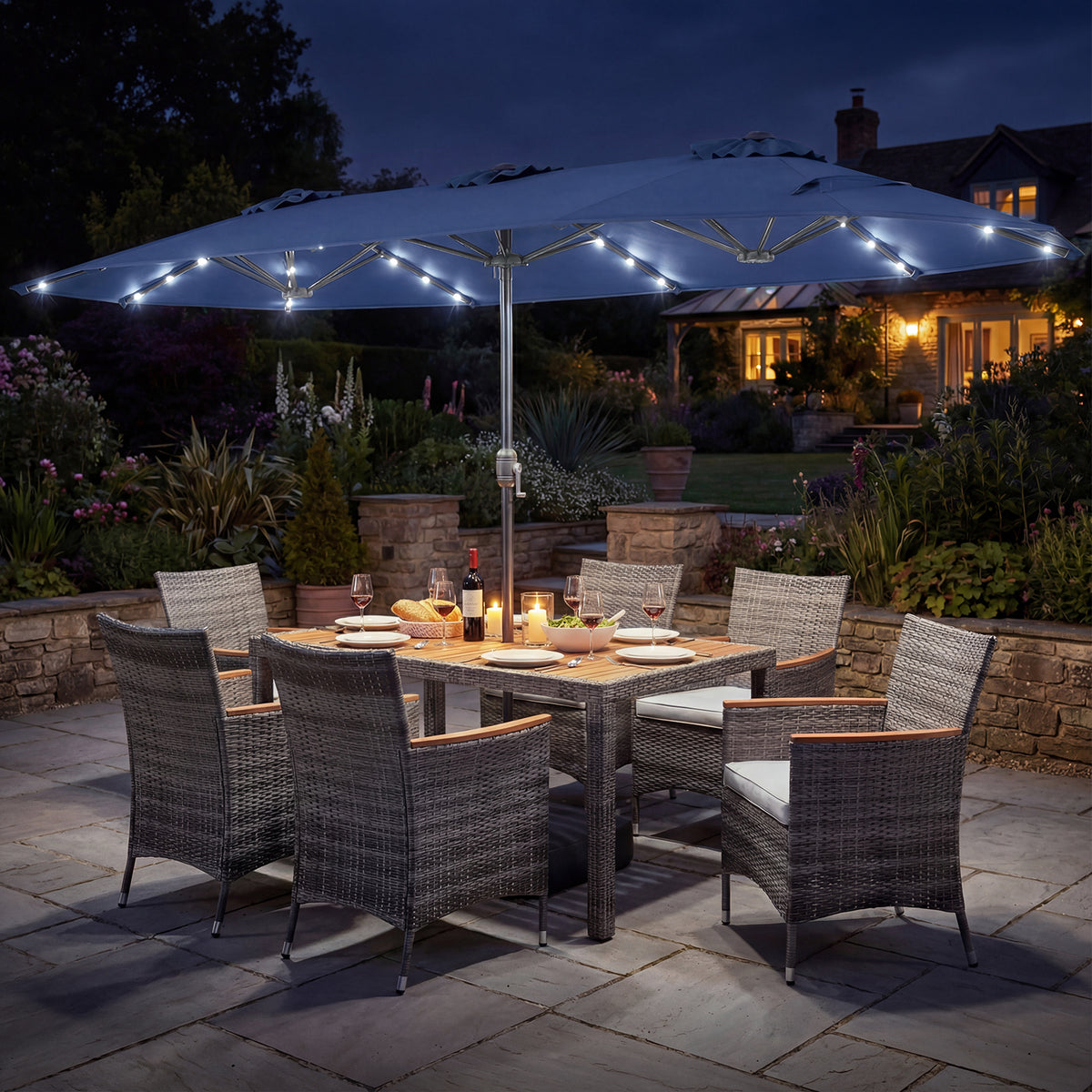 8 Pieces Outdoor Wicker Dining Furniture and 13.5 FT Double-Sided Patio Umbrella-Navy-Patio Furniture Sets-DECOROLALA