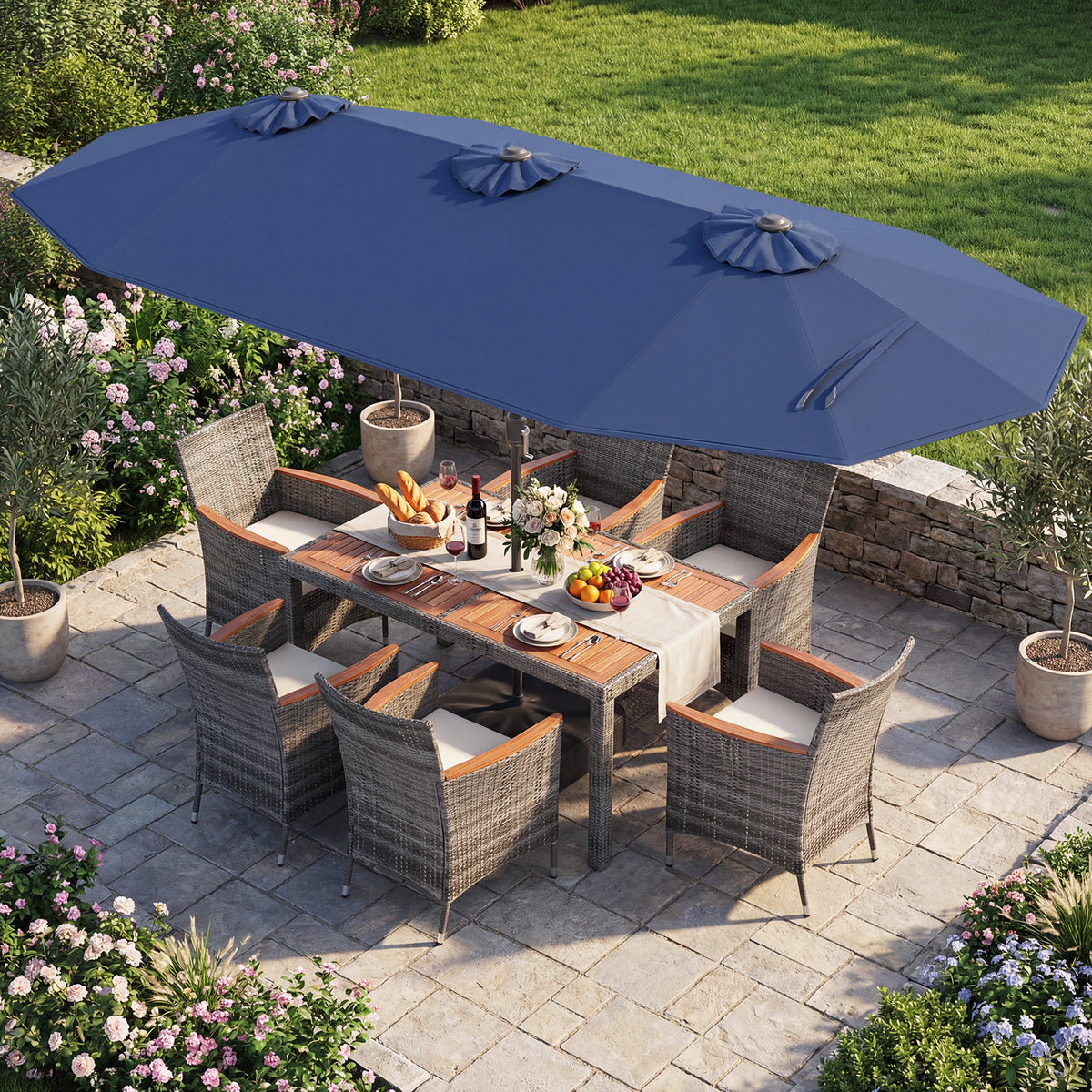 8 Pieces Outdoor Wicker Dining Furniture and 13.5 FT Double-Sided Patio Umbrella-Navy-Patio Furniture Sets-DECOROLALA