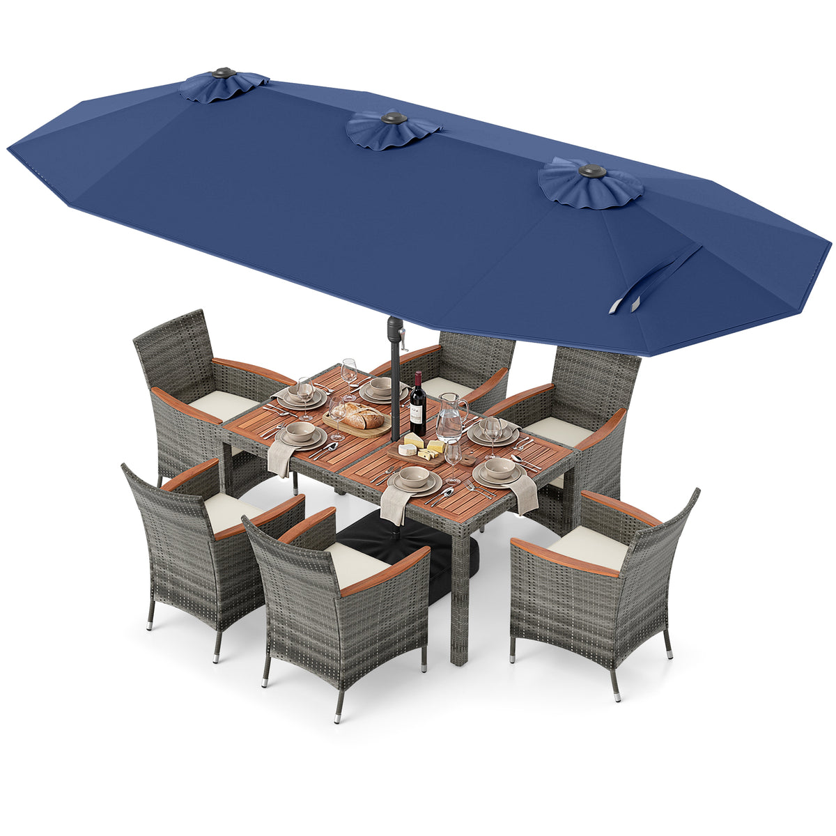 8 Pieces Outdoor Wicker Dining Furniture and 13.5 FT Double-Sided Patio Umbrella-Navy-Patio Furniture Sets-DECOROLALA