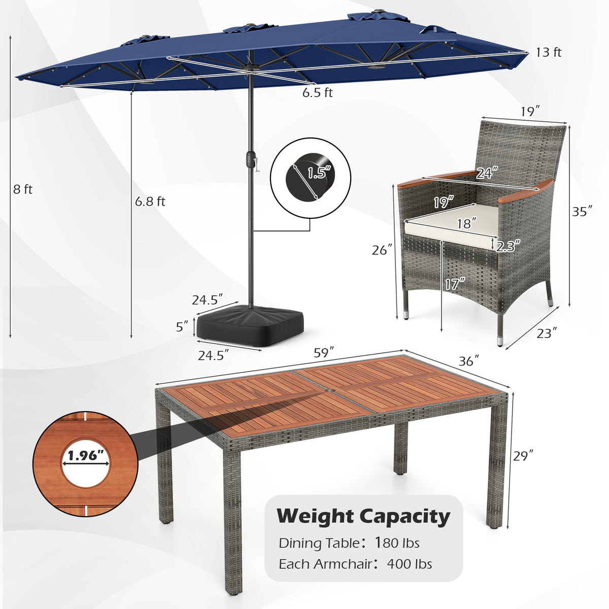 8 Pieces Outdoor Wicker Dining Furniture and 13.5 FT Double-Sided Patio Umbrella-Navy-Patio Furniture Sets-DECOROLALA
