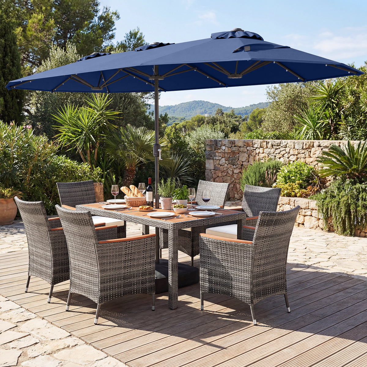 8 Pieces Outdoor Wicker Dining Furniture and 13.5 FT Double-Sided Patio Umbrella-Navy-Patio Furniture Sets-DECOROLALA