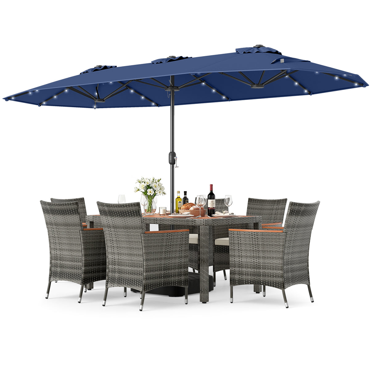 8 Pieces Outdoor Wicker Dining Furniture and 13.5 FT Double-Sided Patio Umbrella-Navy-Patio Furniture Sets-DECOROLALA