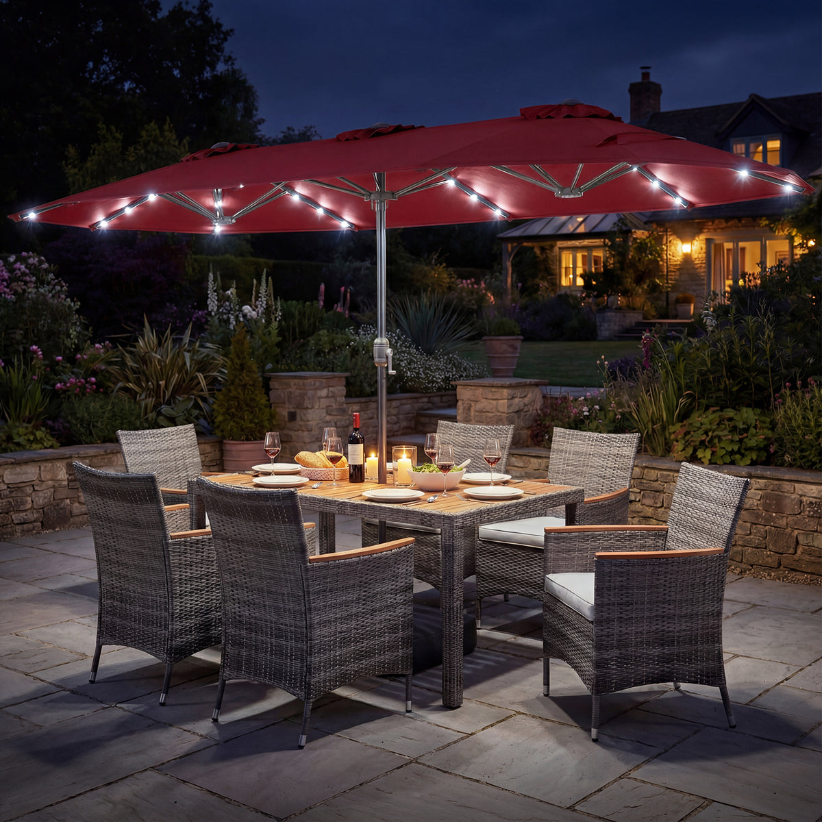 8 Pieces Outdoor Wicker Dining Furniture and 13.5 FT Double-Sided Patio Umbrella-Red-Patio Furniture Sets-DECOROLALA