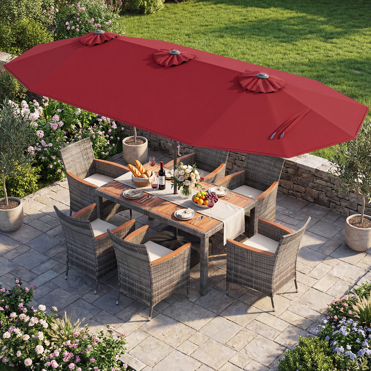 8 Pieces Outdoor Wicker Dining Furniture and 13.5 FT Double-Sided Patio Umbrella-Red-Patio Furniture Sets-DECOROLALA