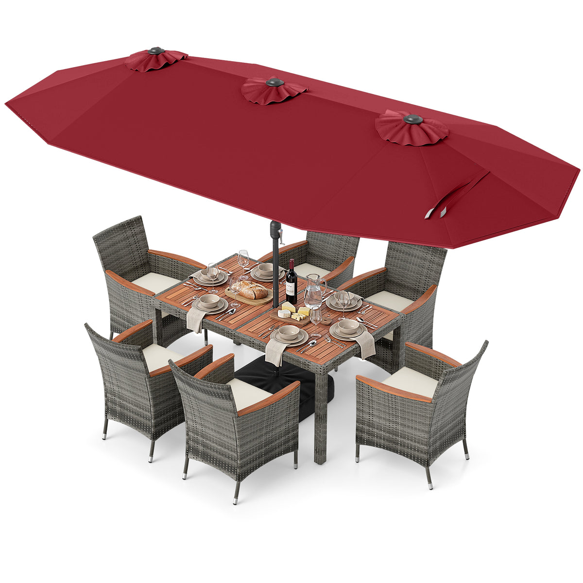 8 Pieces Outdoor Wicker Dining Furniture and 13.5 FT Double-Sided Patio Umbrella-Red-Patio Furniture Sets-DECOROLALA
