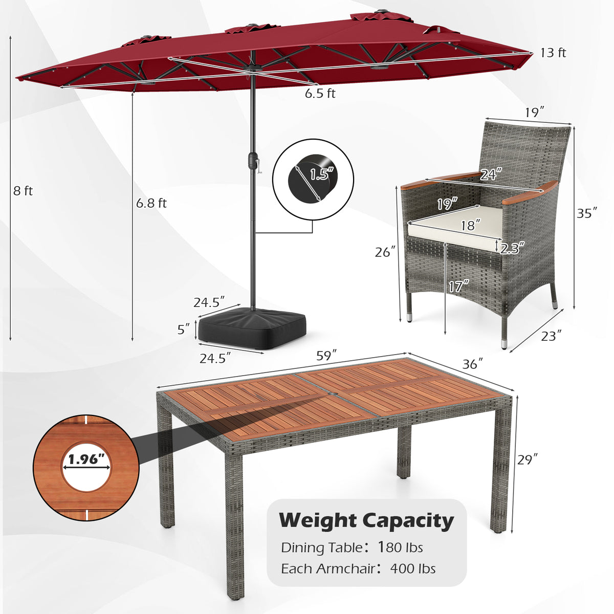 8 Pieces Outdoor Wicker Dining Furniture and 13.5 FT Double-Sided Patio Umbrella-Red-Patio Furniture Sets-DECOROLALA