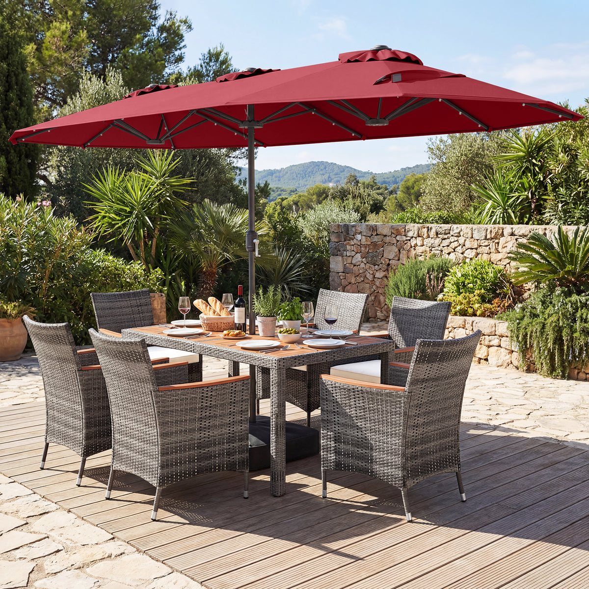 8 Pieces Outdoor Wicker Dining Furniture and 13.5 FT Double-Sided Patio Umbrella-Red-Patio Furniture Sets-DECOROLALA