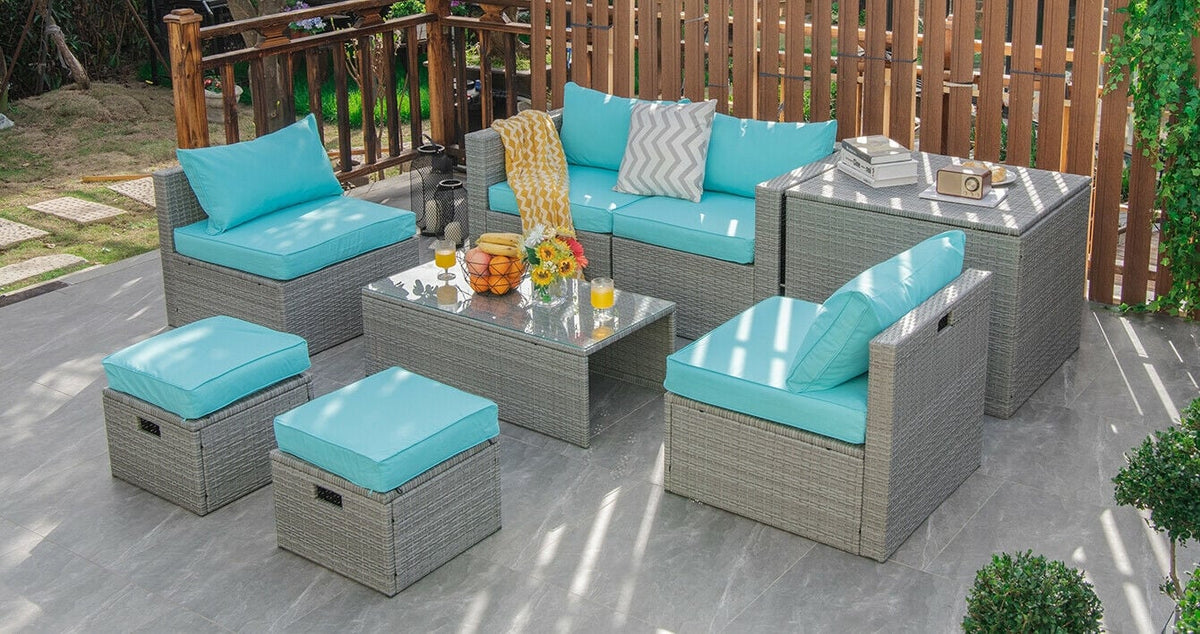8 Pieces Patio Rattan Furniture Set with Storage Waterproof Cover and Cushion-Turquoise-Outdoor Sectional Sofas-DECOROLALA
