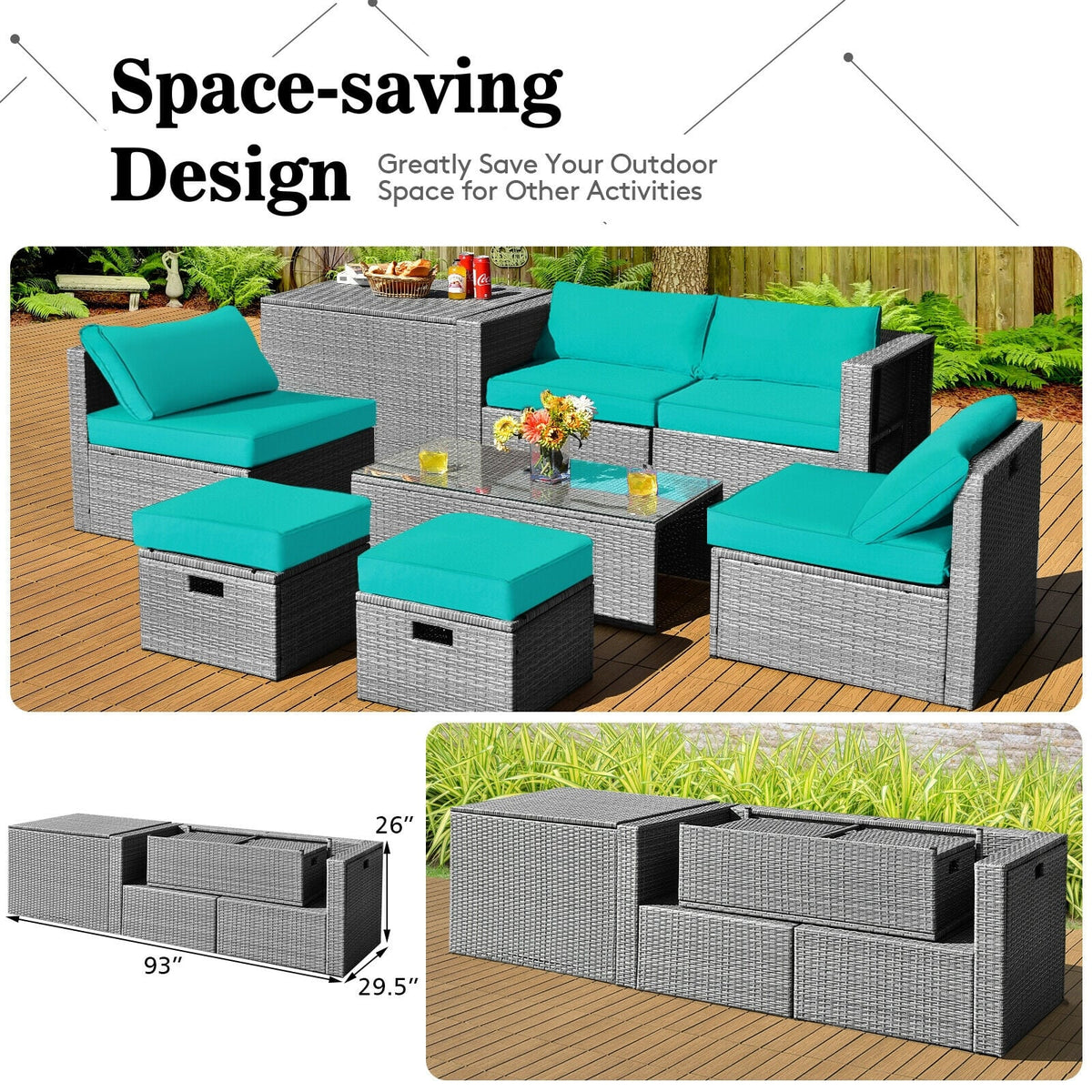 8 Pieces Patio Rattan Furniture Set with Storage Waterproof Cover and Cushion-Turquoise-Outdoor Sectional Sofas-DECOROLALA