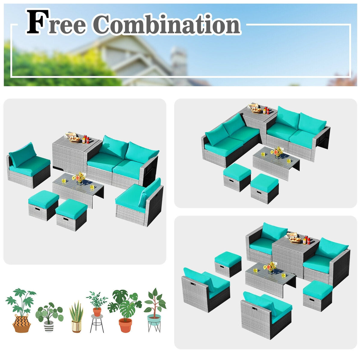 8 Pieces Patio Rattan Furniture Set with Storage Waterproof Cover and Cushion-Turquoise-Outdoor Sectional Sofas-DECOROLALA
