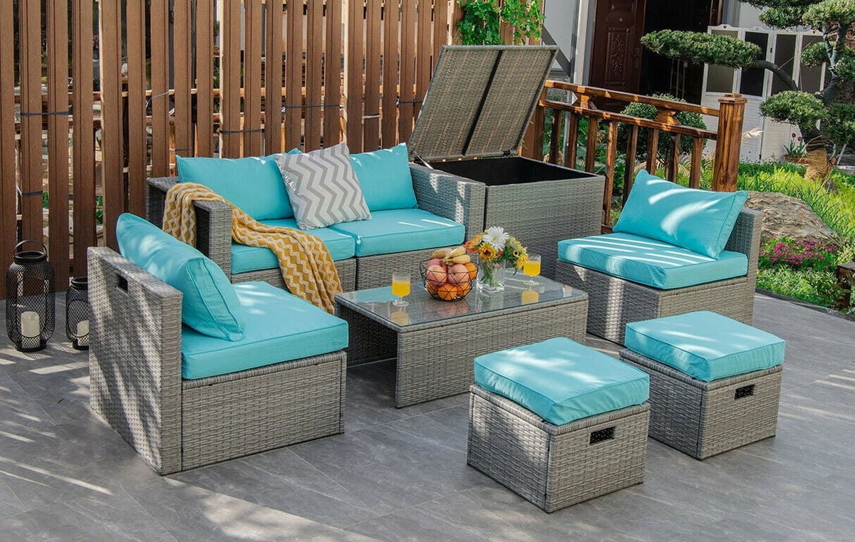 8 Pieces Patio Rattan Furniture Set with Storage Waterproof Cover and Cushion-Turquoise-Outdoor Sectional Sofas-DECOROLALA