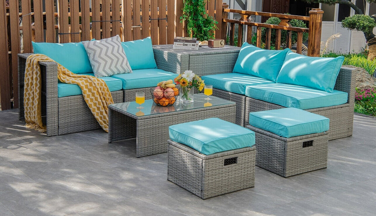 8 Pieces Patio Rattan Furniture Set with Storage Waterproof Cover and Cushion-Turquoise-Outdoor Sectional Sofas-DECOROLALA