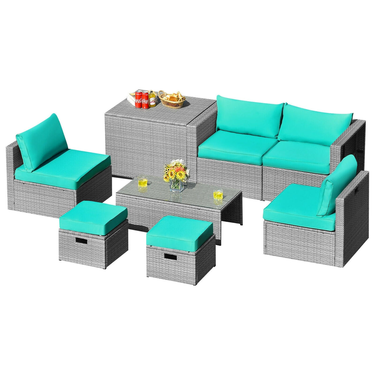 8 Pieces Patio Rattan Furniture Set with Storage Waterproof Cover and Cushion-Turquoise-Outdoor Sectional Sofas-DECOROLALA