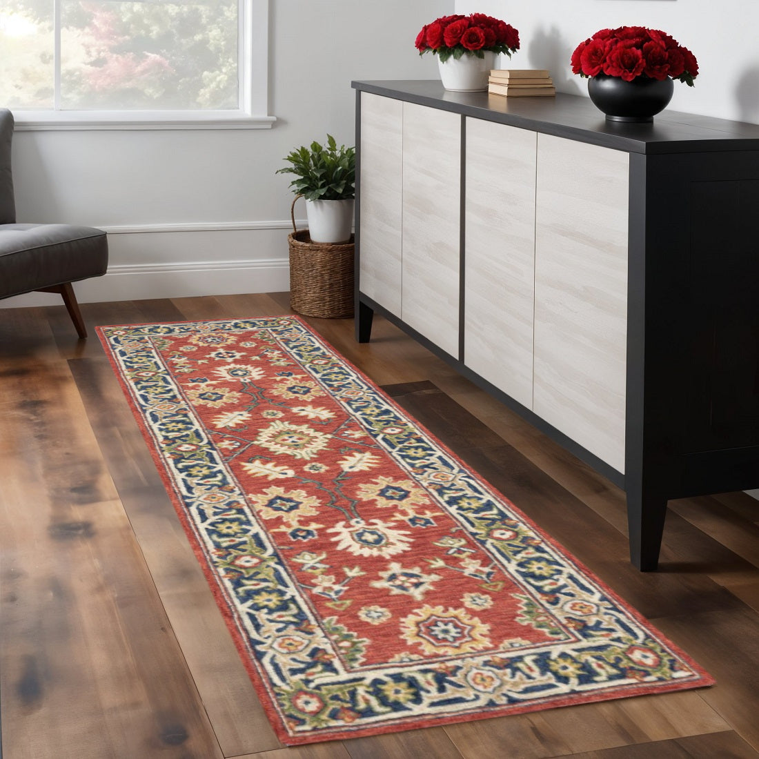 8' Red And Green Wool Hand Tufted Runner Rug-Area Rugs-DECOROLALA