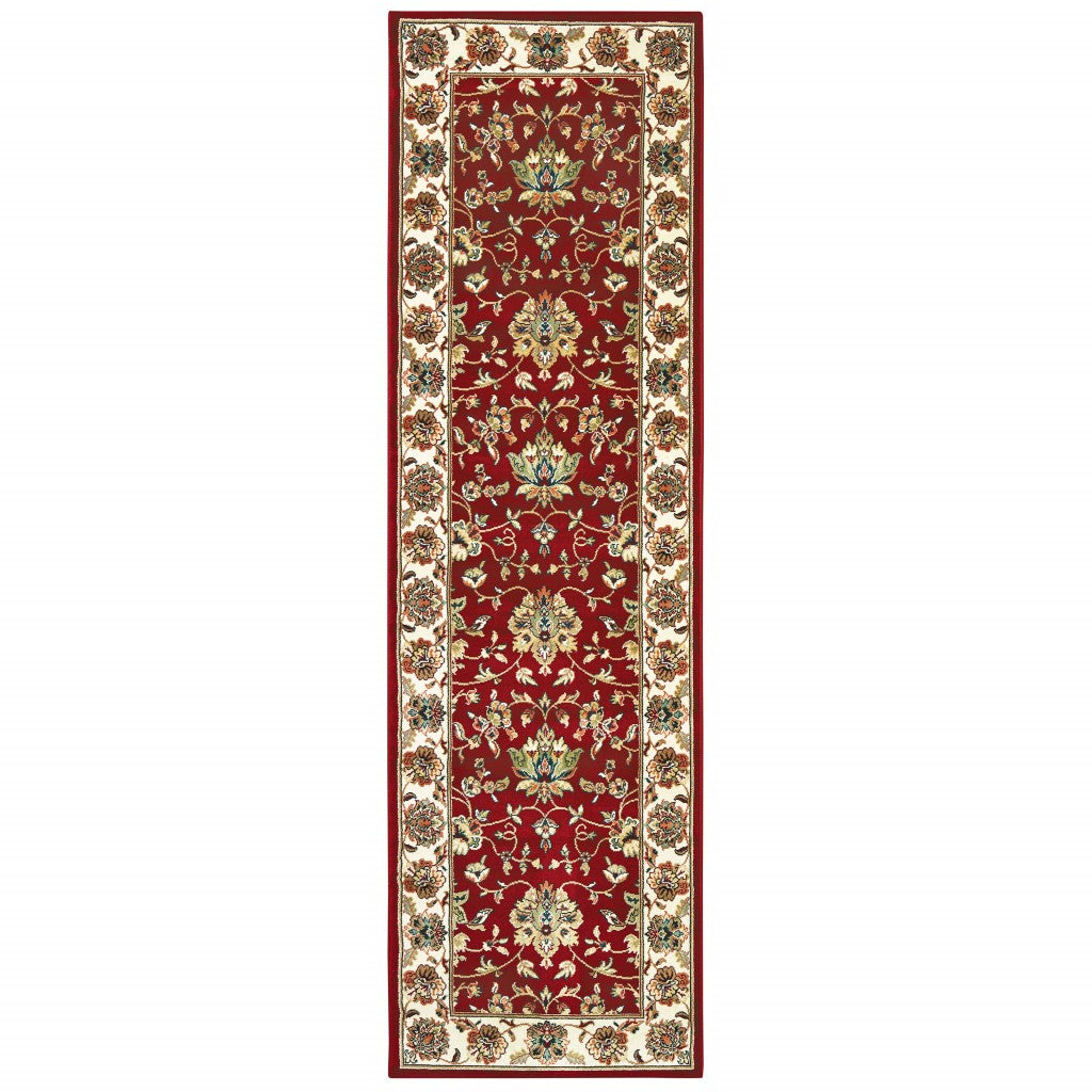 8' Red And Ivory Runner Rug-Area Rugs-DECOROLALA