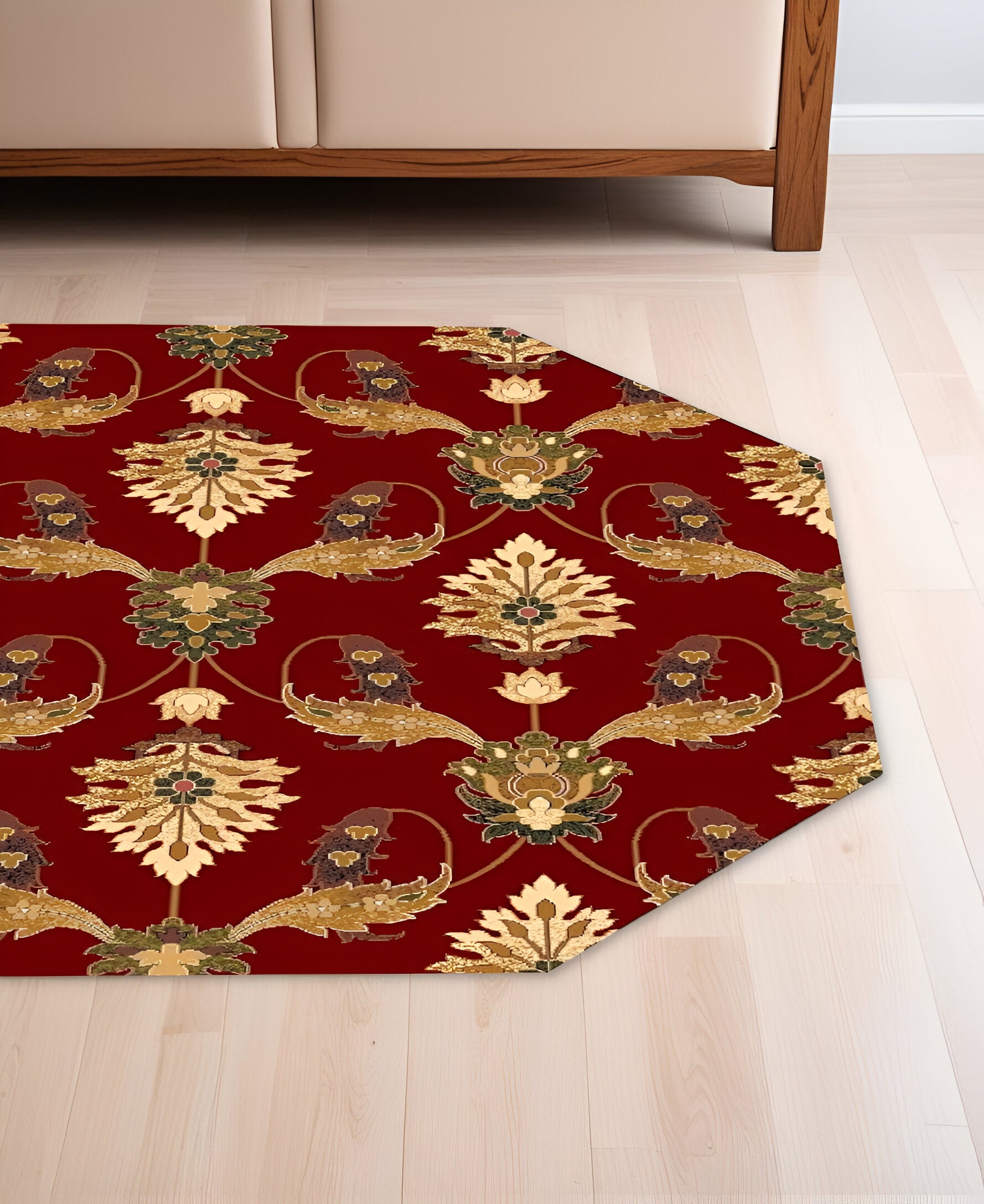8' Red Beige And Brown Floral Vines Octagon Rug-Area Rugs-DECOROLALA