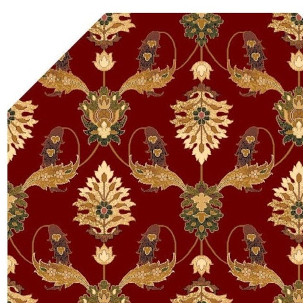 8' Red Beige And Brown Floral Vines Octagon Rug-Area Rugs-DECOROLALA