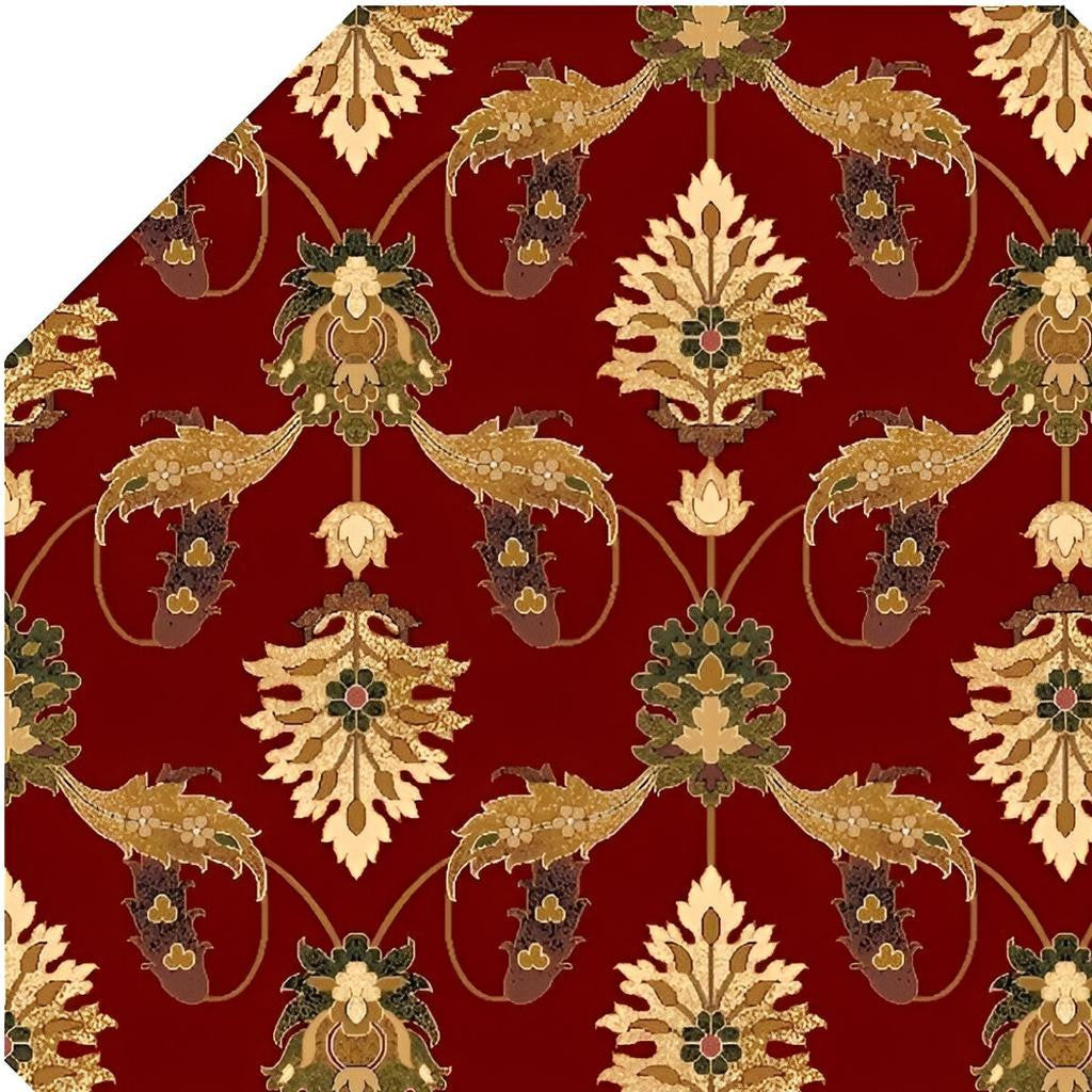 8' Red Beige And Brown Floral Vines Octagon Rug-Area Rugs-DECOROLALA