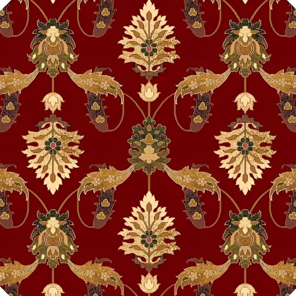 8' Red Beige And Brown Floral Vines Octagon Rug-Area Rugs-DECOROLALA