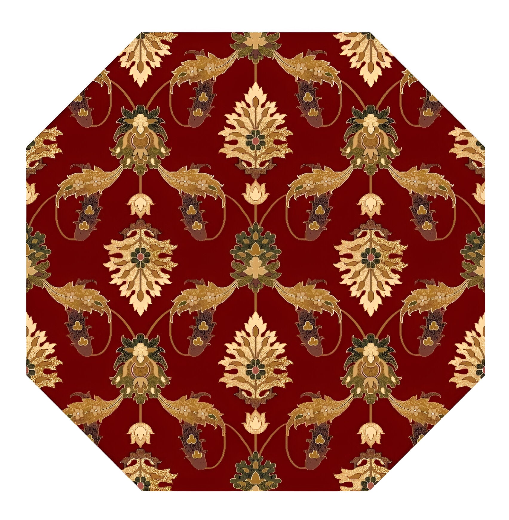 8' Red Beige And Brown Floral Vines Octagon Rug-Area Rugs-DECOROLALA