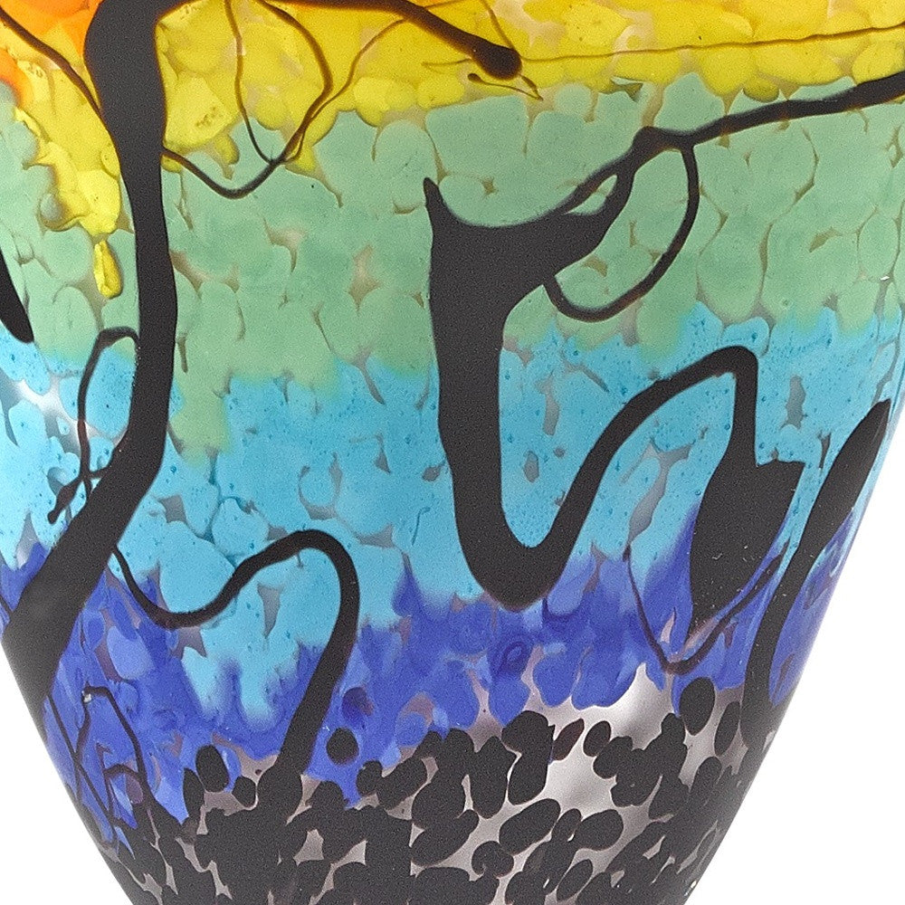 8" Red Orange Blue And Black Blue Abstract Oval Murano Glass Table Vase-Vases-DECOROLALA