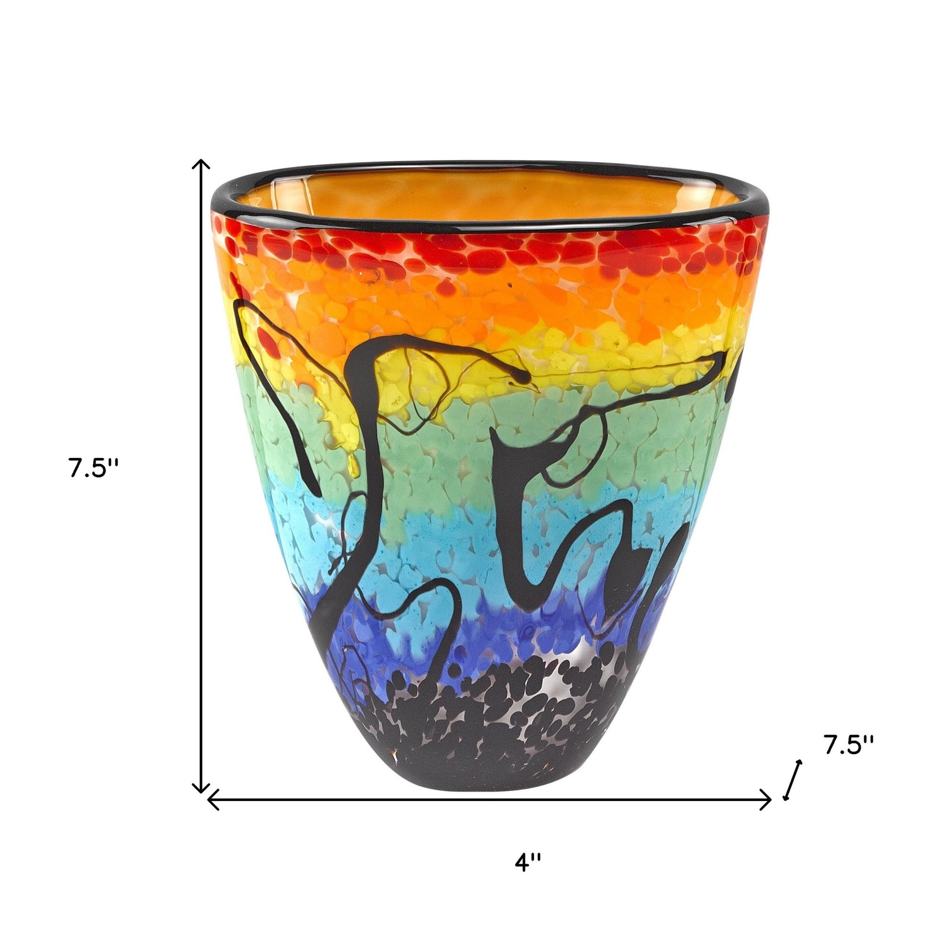 8" Red Orange Blue And Black Blue Abstract Oval Murano Glass Table Vase-Vases-DECOROLALA