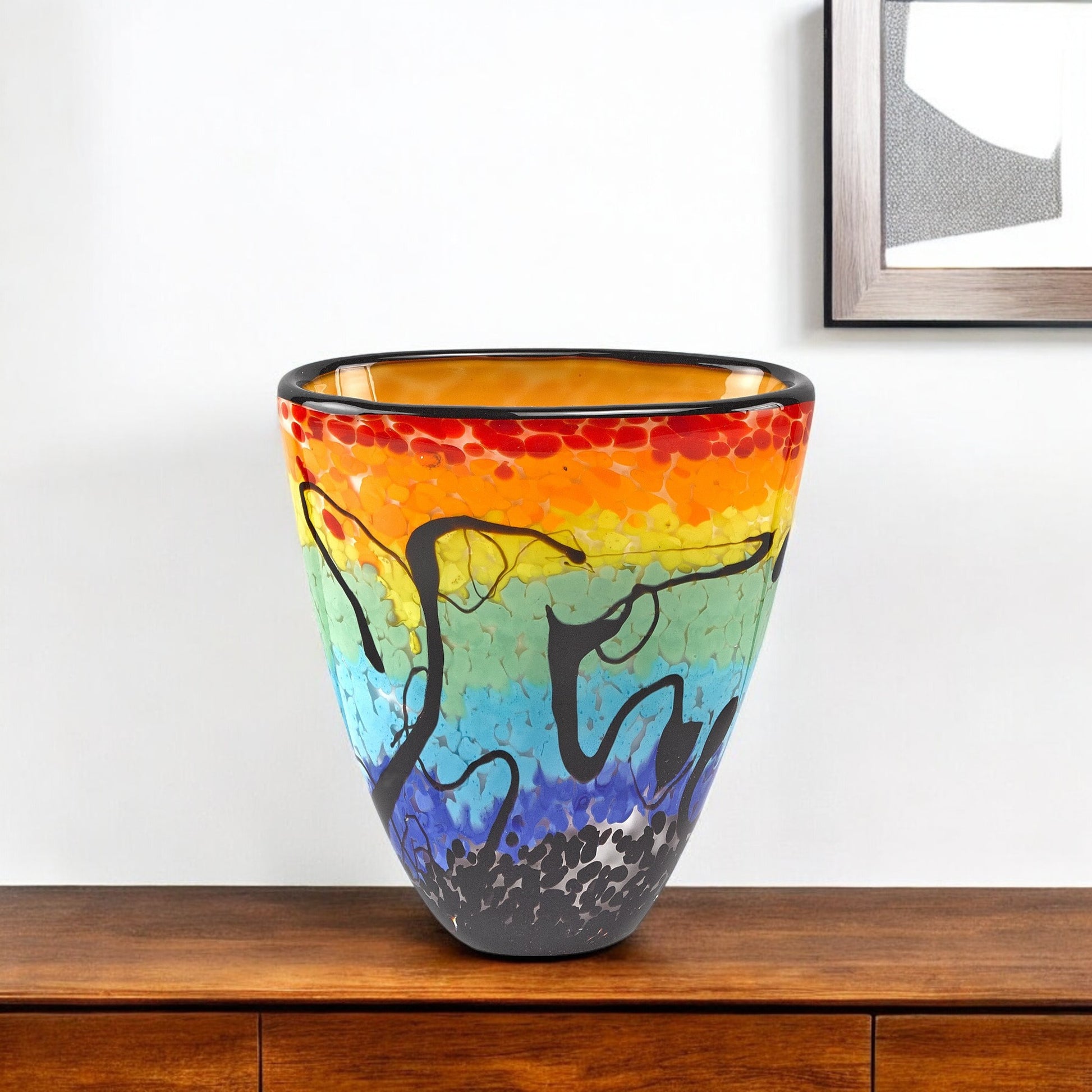 8" Red Orange Blue And Black Blue Abstract Oval Murano Glass Table Vase-Vases-DECOROLALA