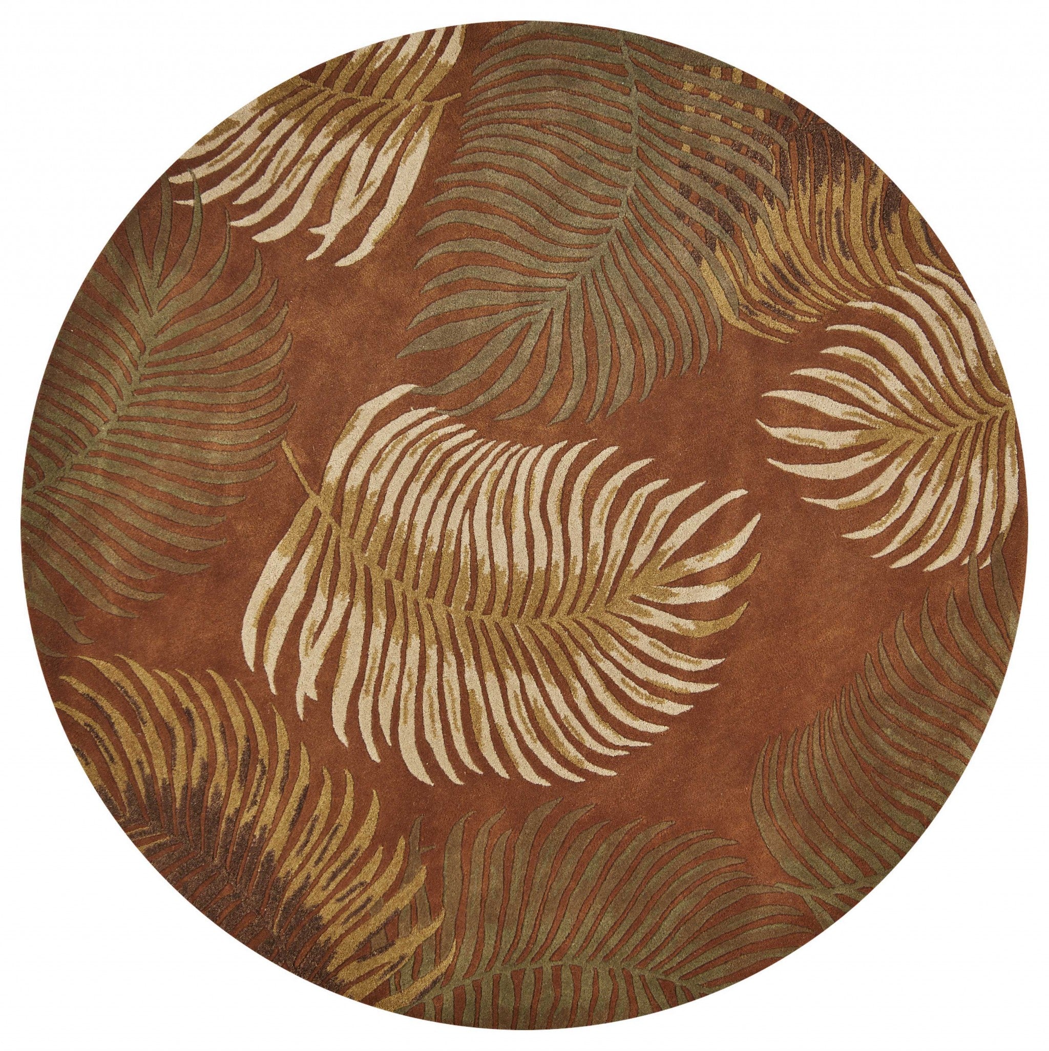 8' Rust Orange And Green Wool Botanical Leaves Hand Tufted Round Rug-Area Rugs-DECOROLALA