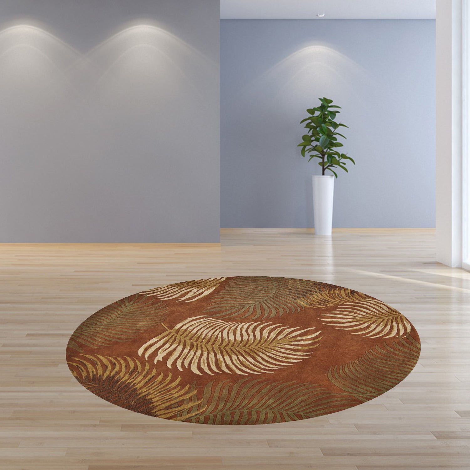 8' Rust Orange And Green Wool Botanical Leaves Hand Tufted Round Rug-Area Rugs-DECOROLALA